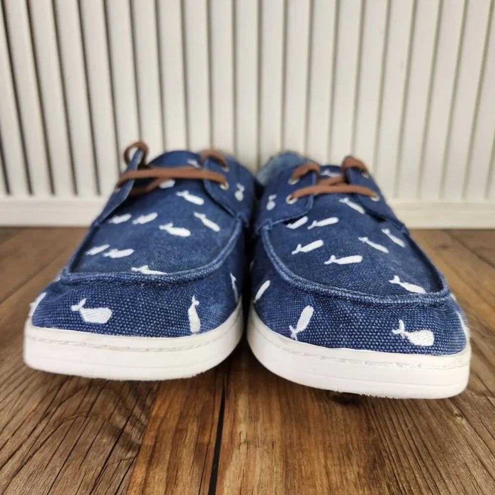 Toms Oceana Whale Print Boat Shoes Men's 12 Blue Canvas Casual Comfort Dockside